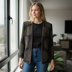 Vintage Black & Copper Peony Sequin Flower Jacket | Longline Beaded Jacket